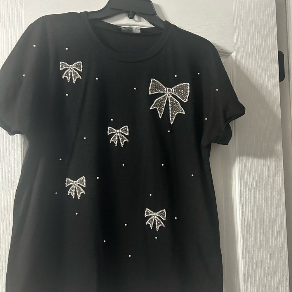Black Shirt with Bow Accents